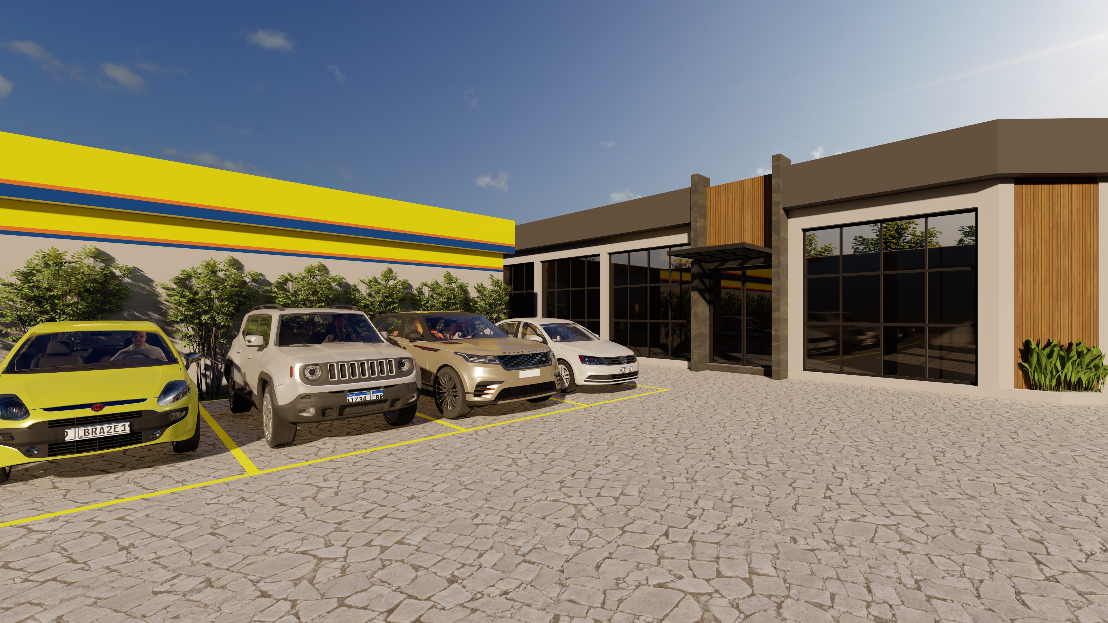Estacionamento em paralelepípedo com vagas demarcadas